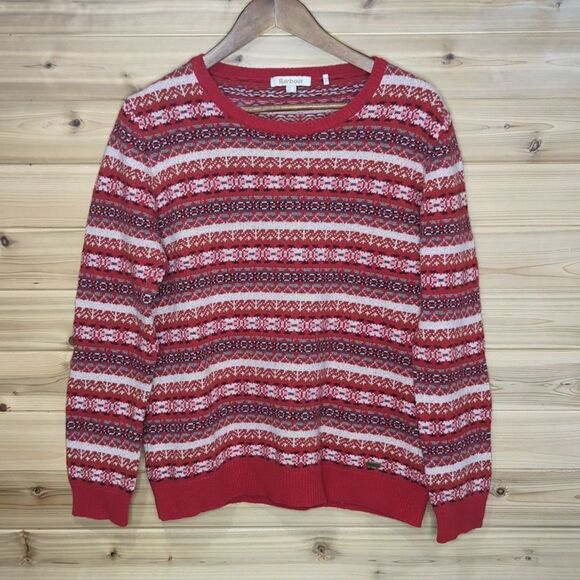 Barbour Sweater Womens 12 Red Fair Isle Wool Cashmere Blend Italy - Picture 1 of 11